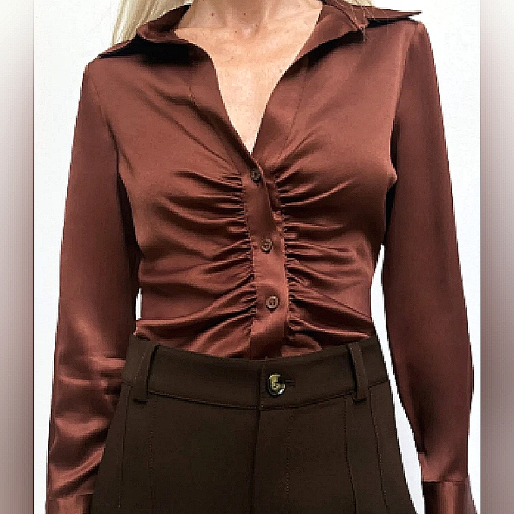 HoH Ruched Satin Collared V-Neck Button-Up Long Slv Top Classic Gift Work Party